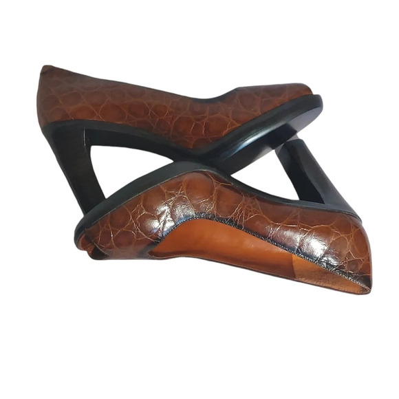 Nine West Cognac Alligator Embossed Leather Open Toe Heels Block Heel - Picture 10 of 15